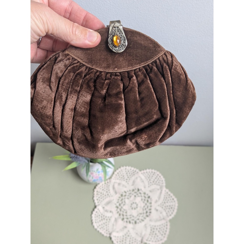 Vintage 1930s Brown Velvet Evening Bag Amber Jewel Clasp Mirror